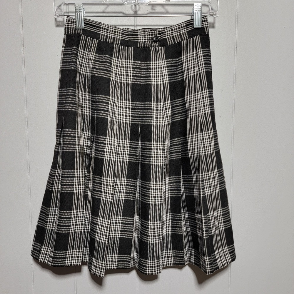 Separate Issue Vintage Plaid Pleated Midi Skirt Black White Size 5/6 Made in USA